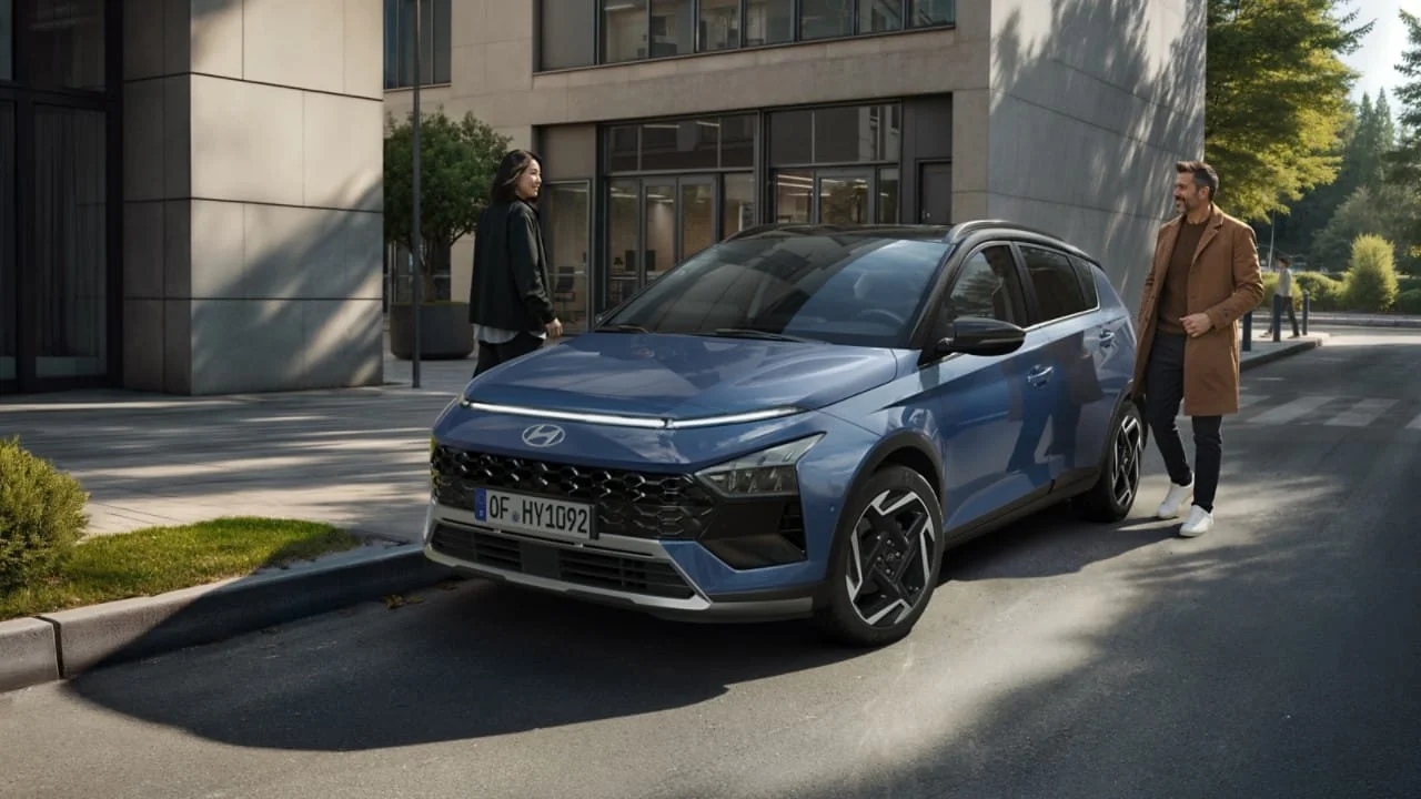 Hyundai Bayon в синем цвете на городской улице, рядом двое людей