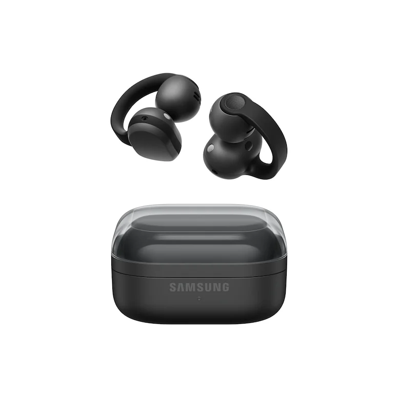 Чёрные открытые наушники-клипсы Samsung Galaxy Buds On и зарядный кейс с прозрачной крышкой