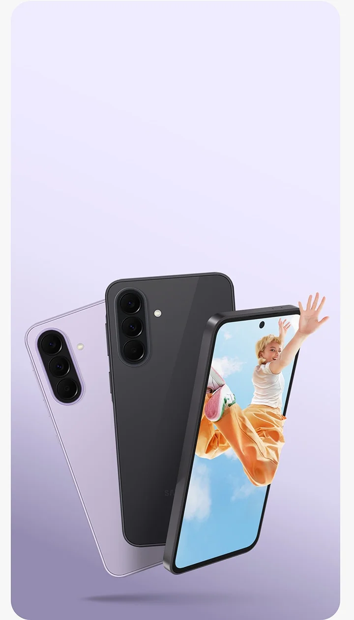 Смартфоны Samsung Galaxy A в лавандовом и чёрном цветах, вид сзади и спереди