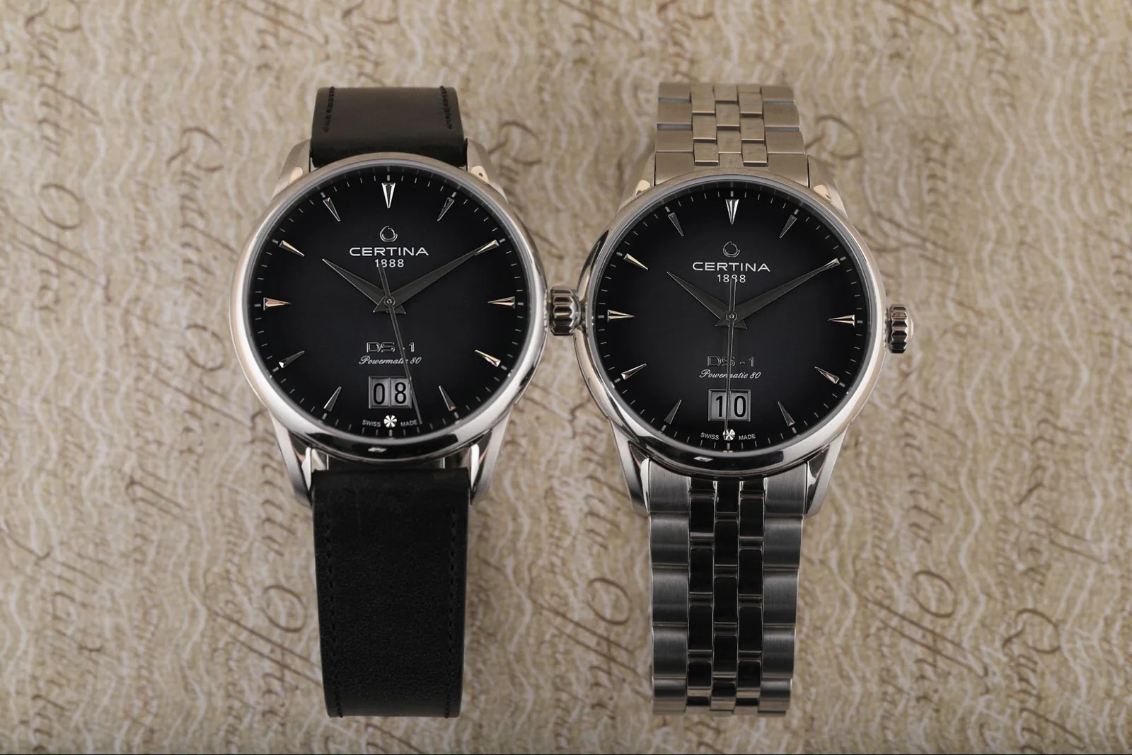 Часы Certina DS-1 Powermatic 80 с чёрными циферблатами — на кожаном ремешке и на стальном браслете