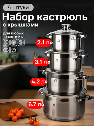 Набор кастрюль MYIDEA для индукционной плиты, нержавеющая сталь, 4 шт.